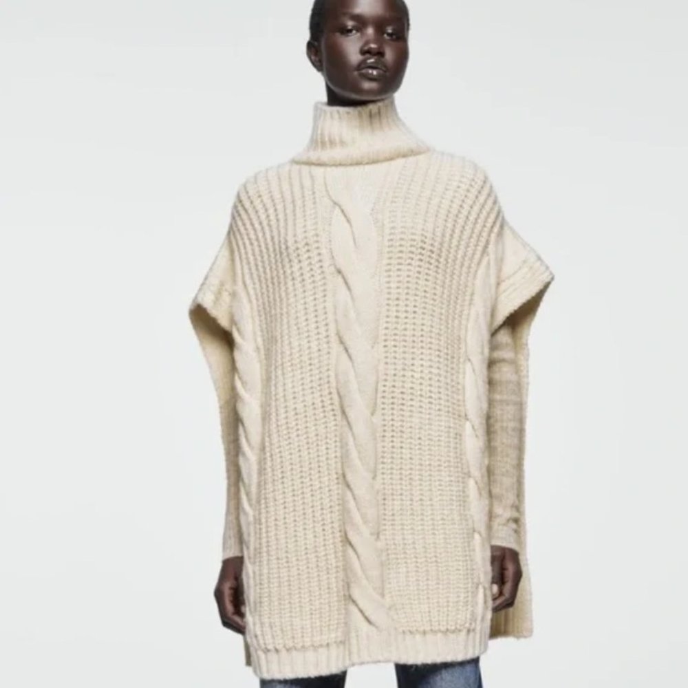 Zara Cable-Knit Cape - Cream White/Small - Picture 3 of 4